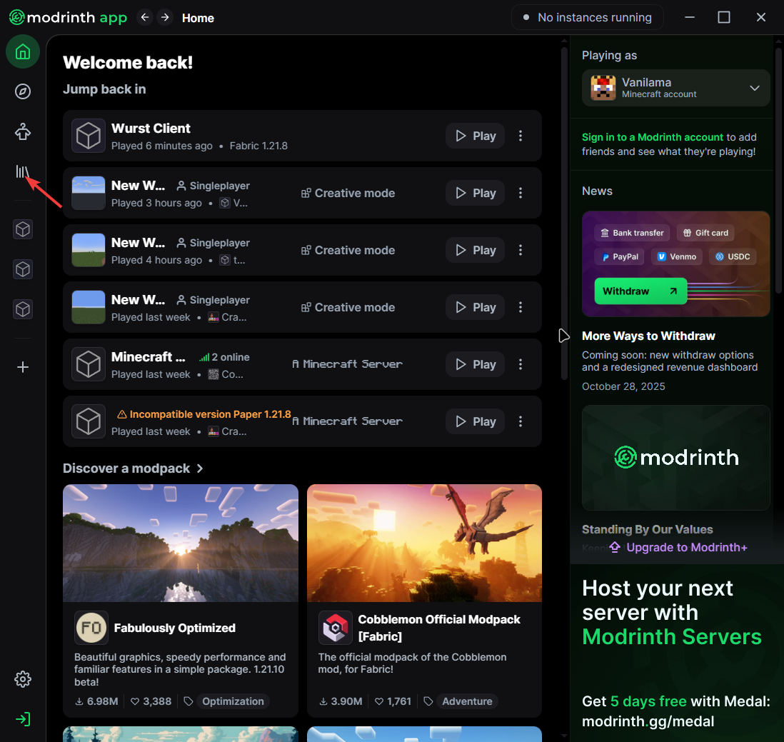 Library tab in Modrinth